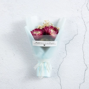 Mini pink gypsophila dried flower bouquet wrapped in light blue paper with gold ribbon