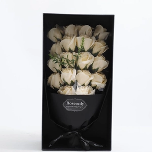 Black rectangular gift box with 18 cream-colored soap roses and elegant ribbon