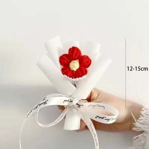 Miniature handmade knitted red flower bouquet with Just for you ribbon and 12-15cm size scale