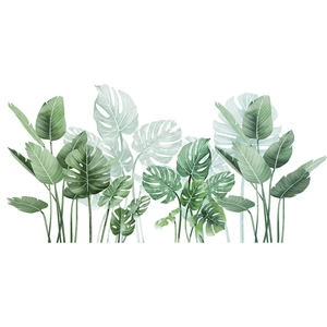 Detail of tropical monstera and banana leaves watercolor wall sticker on white background