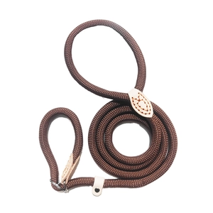 Brown braided dog P-chain leash with leather reinforcement and durable metal ring
