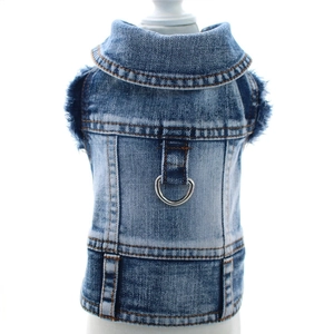 Pet Denim Vest Jacket Leash D-Ring Frayed Edges Wash Blue Casual Sleeveless Clothes For Dogs Cats