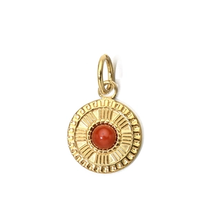 Vintage round gold-plated stainless steel pendant with a central red gemstone inlay