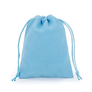 Detail shot of light blue soft velvet drawstring pouch for jewelry storage and gifts