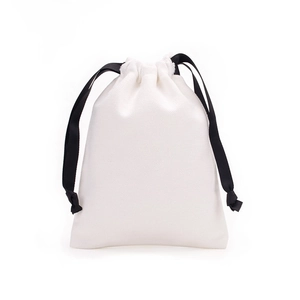 White cotton canvas drawstring pouch with black cord for gift and jewelry storage
