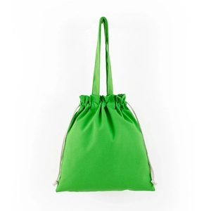 Close-up of green canvas drawstring bag with beige cotton ropes and long shoulder straps