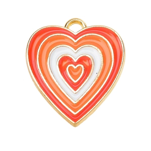 Detailed view of layered red and orange enamel heart pendant with golden alloy frame