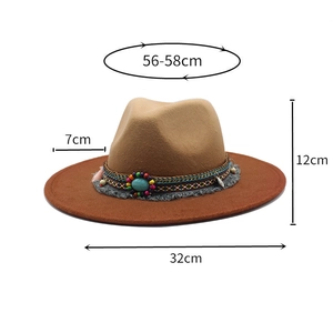 Detail view of felt jazz hat with size specs, beaded band and turquoise stone decor