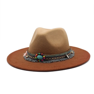 Fedora Hat Wool Felt Wide Brim Gradient Color Ethnic Band Turquoise Tassel Retro Bohemian Style For Women Men