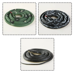 Detailed view of three realistic rubber toy snakes in green, black, and striped patterns