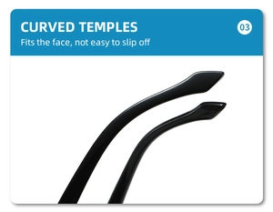 Detail of curved temples on black bat-shaped cat eye sunglasses for ergonomic anti-slip fit