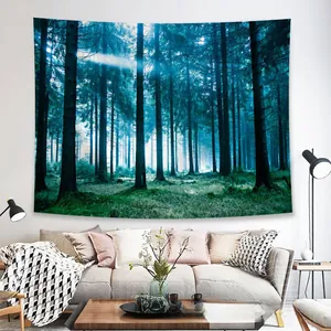 Detailed texture of forest landscape tapestry hanging in a modern living room setting