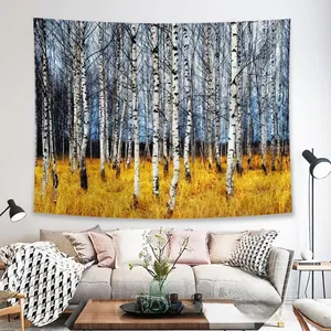 Detailed texture of forest landscape tapestry with birch trees and golden grass field