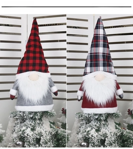 Detail of Christmas forest gnomes with plaid hats and long faux fur beards for tree decor