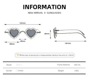 Spécifications détaillées des dimensions pour lunettes de soleil cœur en métal serties