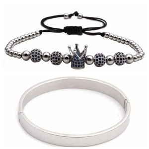 Detail of silver Roman numeral bracelet paired with a blue beaded crown bracelet