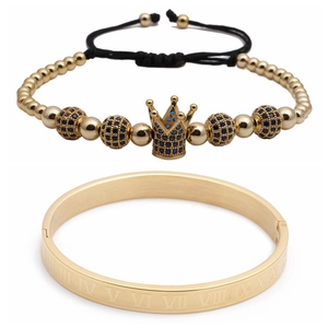 Roman numeral stainless steel bangle and gold beaded crown bracelet jewelry set for men