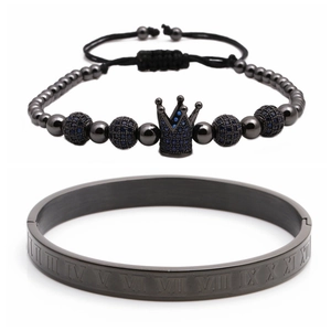 Men's gunmetal jewelry set with Roman numeral bangle and blue zircon crown bead bracelet