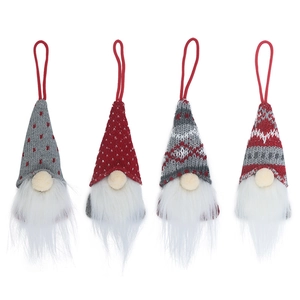 Set of four Christmas faceless gnome ornaments with knitted hats and white fur beards