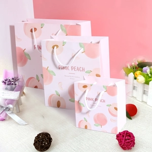 Drei Größen von rosa Pfirsich-Geschenktüten mit Baumwollgriffen auf dekorativem Tisch