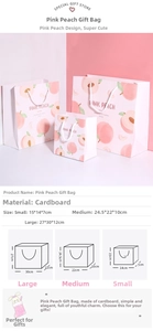 Größentabelle für Pfirsich-Geschenktüten mit Maßen in groß, mittel und klein sortiert