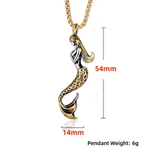 Gold and silver mermaid pendant necklace in stainless steel with detailed fish scales