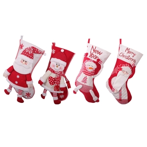 Set of 4 red and white knitted Christmas stockings with 3D Santa and Snowman dolls