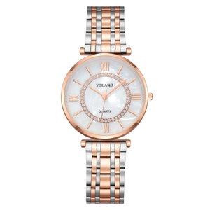 Elegant Women Quartz Wrist Watch Metal Band Mother Of Artificial Pearl Dial Rhinestone Bezel Roman Numerals Fashion Timepiece