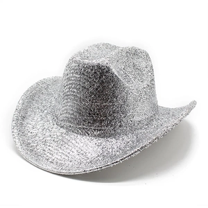 Sparkling silver western cowboy hat with metallic glitter finish on a white background