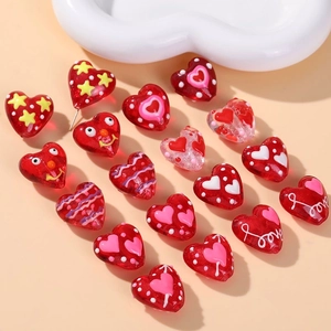 DIY red heart glass beads with star and love patterns for handmade jewelry making