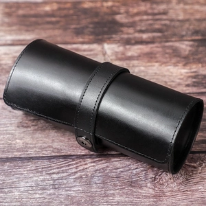 Vintage black crazy horse leather watch roll organizer with round buckle closure for 3 watches