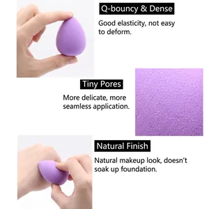 Set of three purple non-latex beauty sponges with soft water-drop shape and dense pores