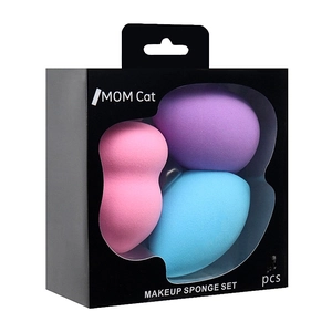 Set of 3 teardrop and slanted makeup sponges in pink, blue, and purple in window box