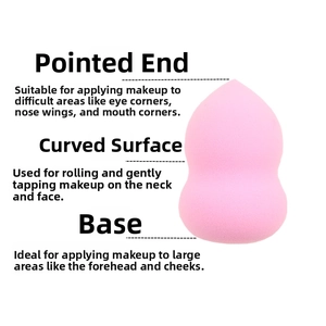 Detail guide of pink gourd makeup sponge with zones for eyes face and neck