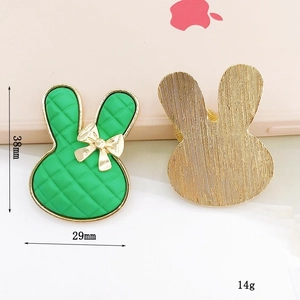 Cartoon green plaid bunny head charm with golden bow and measurement specs 38mm