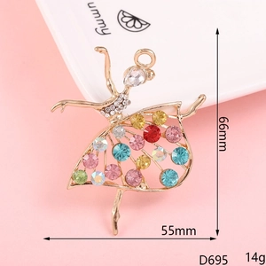 Macro detail of ballerina angel charm with colorful rhinestones and 66mm size specs