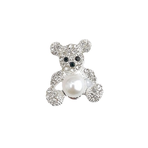 Sparkling silver teddy bear pendant featuring a large white pearl and clear rhinestones