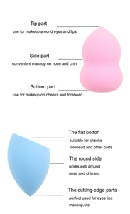 Detailed guide of pink gourd and blue slanted makeup sponges showing application areas