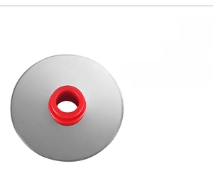 Detail of sharp stainless steel pizza cutter blade with hand-polished edge and red axle
