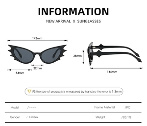 Detailed size chart of bat-shaped cat eye sunglasses with precise frame measurements