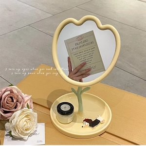 Tulip shaped desktop makeup mirror with flower frame and cute dog storage tray base