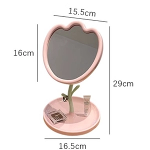 Pink tulip floral tabletop makeup mirror with tray showing 29cm height dimensions