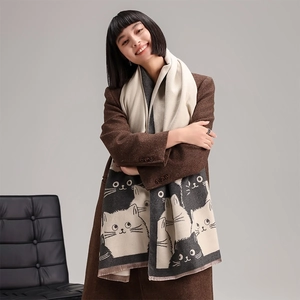 Thick autumn winter long shawl wrap for women featuring cute cat patterns in beige and grey