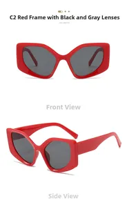 Detail view of bold red thick-frame cat-eye sunglasses with dark grey lenses in two angles