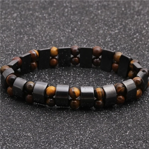 Men's double row bracelet featuring tiger eye stones and hematite magnetic beads
