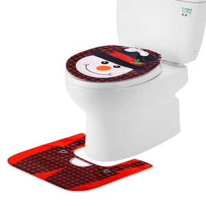 Christmas snowman toilet seat cover and rug set with red black buffalo plaid trim