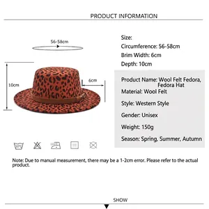 Leopard print wool fedora hat with brown leather band, size chart dimensions for unisex style