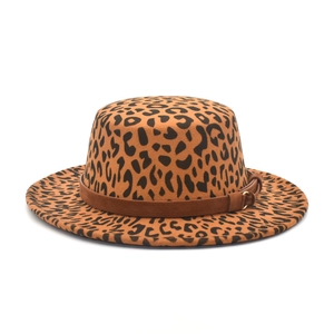 Leopard print flat top wool fedora hat with brown leather belt and metal buckle