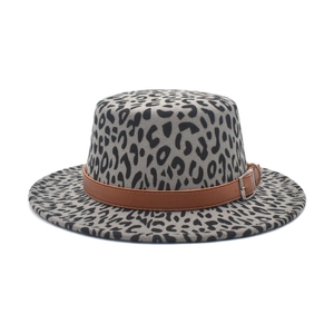 Flat top leopard print wool fedora with wide brim and brown leather band detail