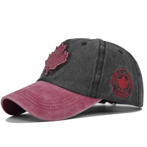 Close-up of vintage washed cotton baseball cap with maple leaf and Canada patch